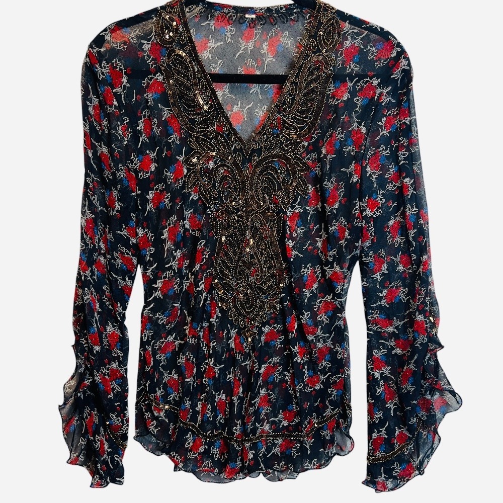 Floral Beaded Sheer Blouse V-Neck LS Ruffle‎ Cuff Top *Must See Measurements*